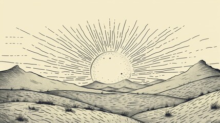 Obraz premium This image features a sun rising above mountains with detailed line work, evoking a sense of calm and peacefulness as the new day begins in a serene landscape.