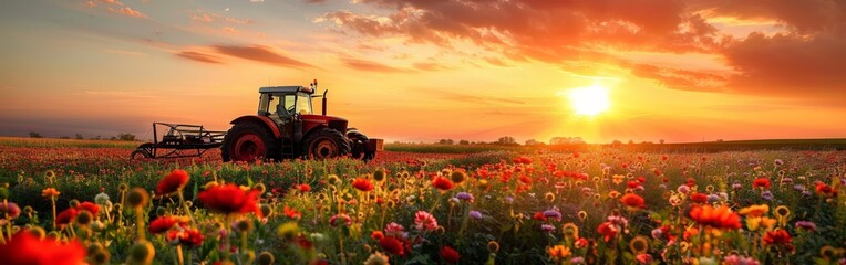 Sunrise Over Flower Field with Tractor at Work