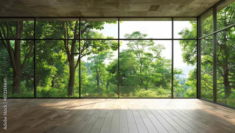 Poster empty room with large glass windows overlooking trees and greenery, creating an open space for vario