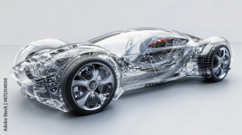 Poster a transparent rendering of a modern sports car, showcasing its intricate design and engineering. the