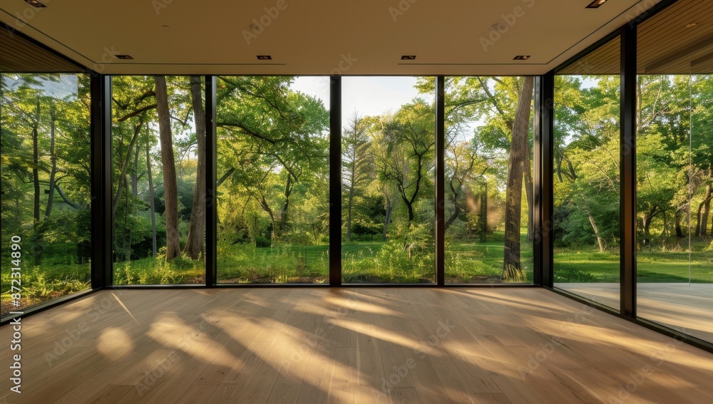 Poster empty room with large glass windows overlooking trees and greenery, creating an open feeling generat
