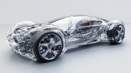 A transparent rendering of a modern sports car, showcasing its intricate design and engineering. The image highlights the cars internal structure, making it appear ethereal and futuristic.