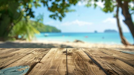 Fototapeta premium A charming wooden deck that leads to a tropical beach, adorned with palm trees and a clear blue sky, offering a serene spot for leisure and scenic ocean views.