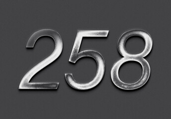 Chrome metal 3D number design of 258 on grey background.