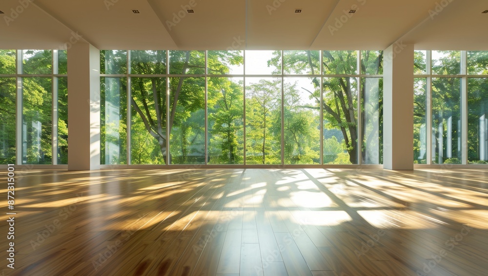 Poster a large empty room with floor-to-ceiling windows overlooking trees and greenery, with sunlight strea