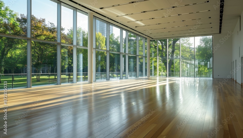 Poster a large empty room with floor-to-ceiling windows overlooking trees and greenery, with sunlight strea