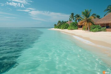 Fototapeta premium A beautiful beach with a clear blue ocean and palm trees in the background. The beach is empty and peaceful, with no one in sight