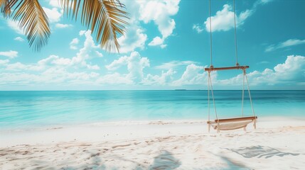 A beach scene with a swing hanging over the water. The sky is blue and the water is calm