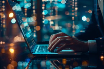 A man is typing on a laptop in a dimly lit room. Concept of focus and concentration as the man works on his computer. The lighting and the man's posture suggest that he is deeply engaged in his task