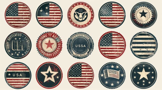 A collection of vintage badges featuring American flag elements and styles, evoking a sense of nostalgia and pride in American heritage and cultural symbolism.