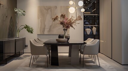 Elegant dining space with beige chairs, minimalist dark table, modern pendant light. 32k UHD,