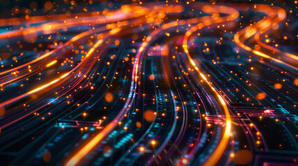 Obraz premium Streams of data flowing through the city, represented by glowing lines or symbols, indicating real-time analytics and communication. 