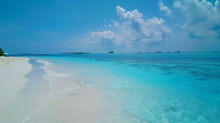 This image depicts an idyllic, pristine beach with soft, white sand and clear blue ocean waters against the backdrop of a bright and clear sky, an embodiment of pure tranquility.