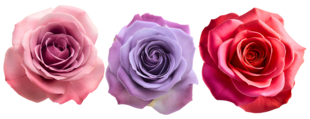 Closeup set of three red, pink and purple rose flowers isolated on transparent background. Beautiful nature plant blossom, valentine romance love gift, wedding, garden, decoration