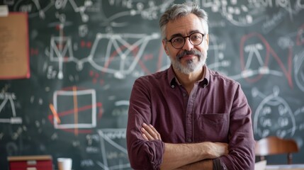 A smiling middle-aged professor with glasses and a beard stands in front of a chalkboard filled with complex mathematical equations, symbolizing the joy of teaching and intellectual challenge.