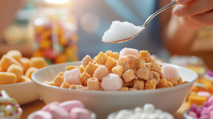 Person holding a spoonful of sugar above a bowl of colorful cereals, highlighting sugar consumption in breakfast foods, unhealthy eating habits concept