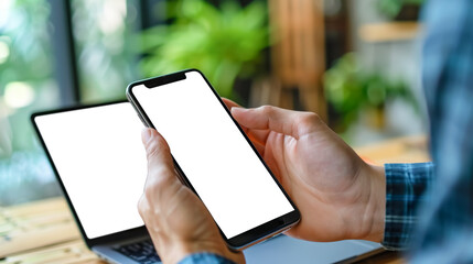 man using smartphone and laptop, smartphone screen, laptop screen transparent background