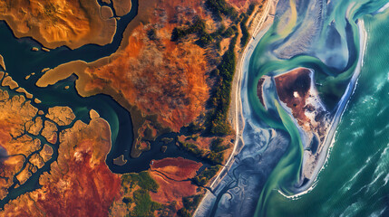 Naklejka premium Aerial drone view satellite photography of planet earth geography map with ocean or sea coast and land. Blue and orange global overview image, continent picture from space, terrain environment