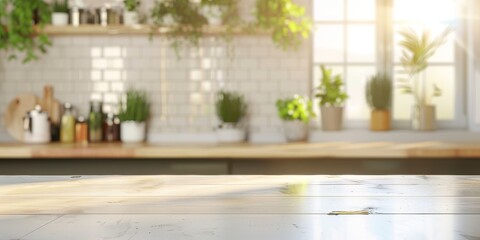 Modern kitchen counter with plants and cooking utensils in a bright, stylish kitchen, ready for meal preparation.