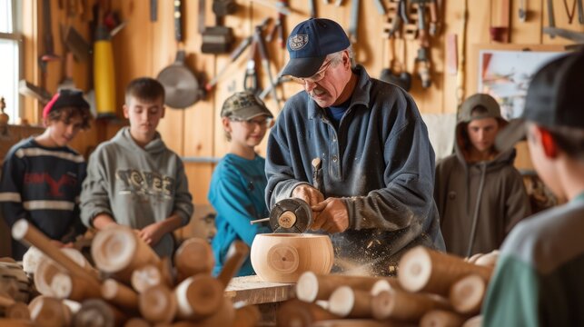 A skilled woodworker demonstrates lathe techniques to a group of engaged young apprentices in a well-equipped workshop. AIG41