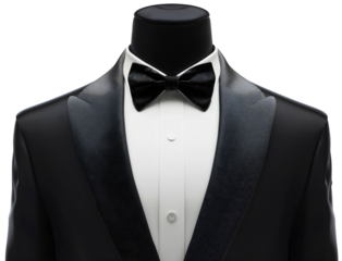 Black tuxedo suit with bow tie and white shirt on a mannequin isolated on a transparent background. Luxury businessman or groom clothing fashion, wedding style, elegance wear, gentleman tailor