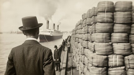 Quay bustling with workers, freight being organized, liners in the background, efficient logistics in action