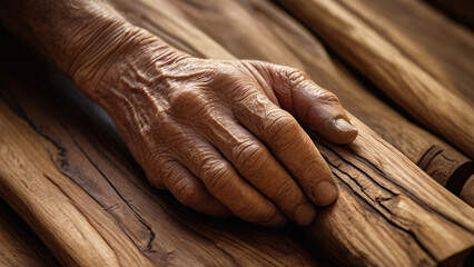 Fototapeta premium An aged, weathered hand gently rests on a piece of polished wood, highlighting the intricate textures and grain of the timber. The image captures the essence of craftsmanship.