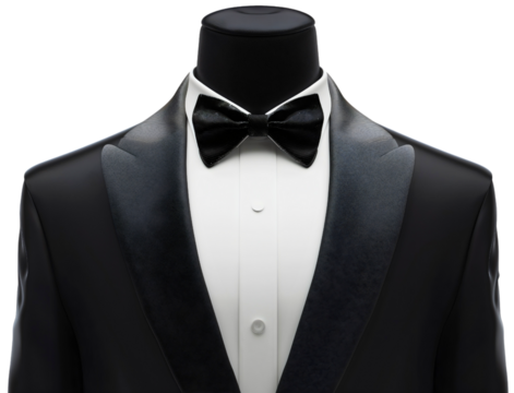 Black tuxedo suit with bow tie and white shirt on a mannequin isolated on a transparent background. Luxury businessman or groom clothing fashion, wedding style, elegance wear, gentleman tailor
