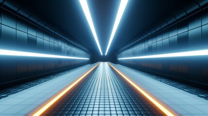 Underground subway with sci-fi holograms, dark shadows, futuristic technology, virtual interfaces, night setting