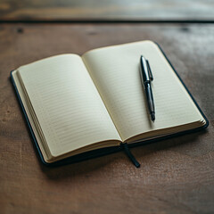 An open notebook with lined pages and a black pen lying diagonally across it, placed on a rustic wooden table, ready for notes, journaling, or writing ideas.