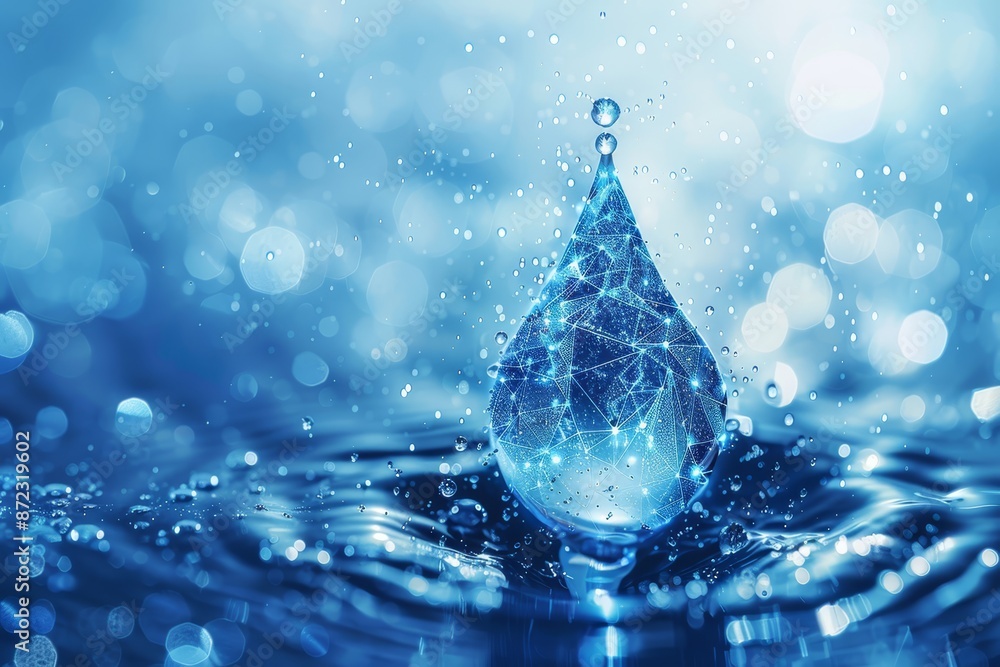 Aufkleber Futuristic Network Design Emerging from a Water Droplet, Symbolizing Connectivity and Innovation in a Blue Abstract Setting