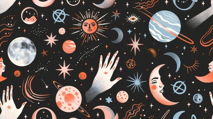 This image displays a variety of celestial elements including planets, moons, and stars, interspersed with floating hands and faces, creating a cosmic, artistic composition.