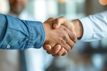 A close-up of a handshake between two individuals in a modern office setting, representing successful business negotiations, mutual respect, and professional agreement.
