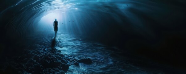 Fototapeta premium Lone person standing in an underwater cave with fish swimming around, surreal and mysterious. Free copy space for text.