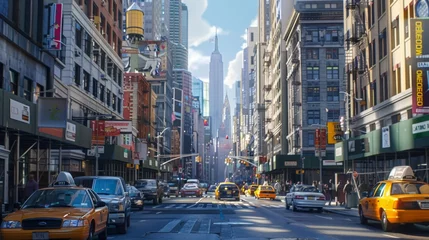 Wanddecoratie New York taxi This bright and colorful illustration features a busy city street scene filled with yellow taxis, street vendors, and lined with high-rise buildings, with the Empire State Building in view.  © Gia