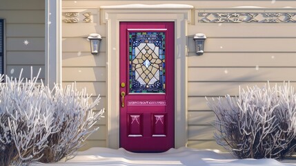 deep raspberry door with elegant stained glass inserts on a creamy beige house, providing a warm and inviting entrance on a frosty day