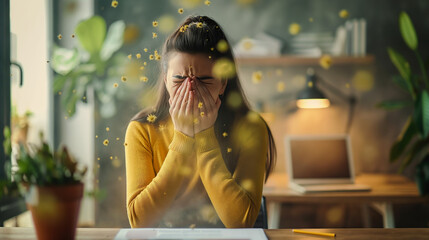 A person sitting in front of a computer and trying to work, suffering from allergies or colds, and surrounded by a cup of tea and napkins.