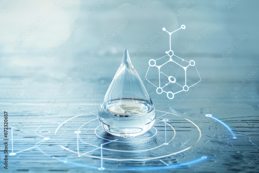 Poster Transparent Water Droplet with Embedded Molecule Structure on a Digital Interface, Representing Science and Clarity