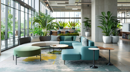 Fototapeta premium Create a vibrant and energetic mood that reflects a forward-thinking work environment, blending contemporary colors and natural elements to convey innovation and well-being.