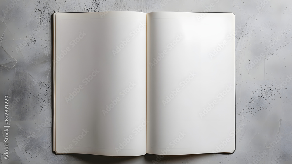 Poster open notebook with blank pages on grey textured background, top view. mockup for design