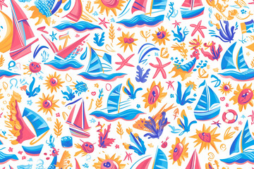 Naklejka premium A seamless nautical pattern with boats, waves, and sea creatures in vibrant colors, ideal for maritime and summer themes.