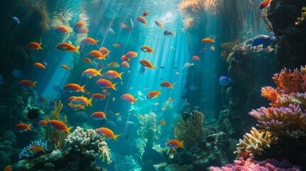 Fototapeta premium A mesmerizing scene of tropical fish swimming in an underwater paradise filled with diverse and colorful coral formations, illustrating the vibrant marine environment.