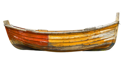 Vintage retro old rustic wooden fishing boat isolated on transparent background. River or lake water nature rowing, small vessel
