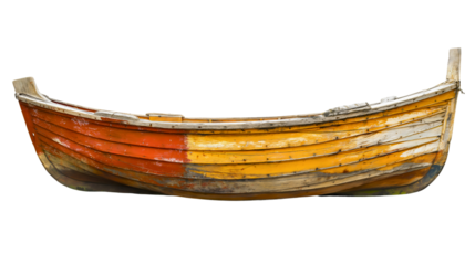 Vintage retro old rustic wooden fishing boat isolated on transparent background. River or lake water nature rowing, small vessel