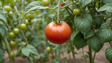Vibrant Red Tomato Cluster on Lush Green Vine Backdrop