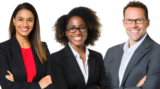 Portrait of three happy smiling diverse male and female businesspeople. African American and Caucasian businessmen and businesswoman isolated, crossed arms, colleagues, corporate company teamwork - Powered by Adobe