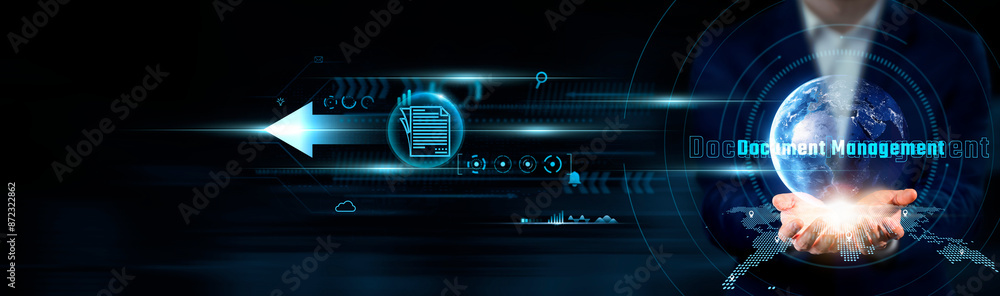 Aufkleber document management concept: businessman holding global network connection on social networking and 