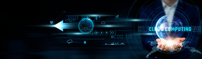 Cloud Computing Concept. Businessman Holding Global Network Connection on Social Networking and...