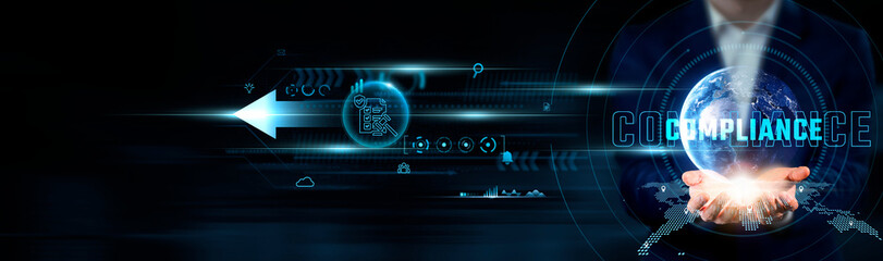 Fototapeta premium Compliance Concept. Businessman Holding Global Network Connection on Social Networking and Regulatory Standards, Risk Management, Ethical Practices, Technology, and Security Measures.