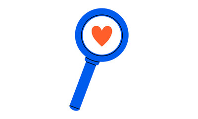 Hand drawn cute cartoon illustration of magnifying glass with heart on lens. Flat vector searching for love doodle style. Find perfect match icon. Dating online app print. Romantic feelings. Isolated.